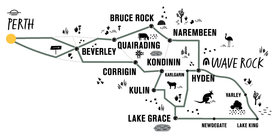 Illustrative map of the Pathways to Wave Rock trail showing locations of towns